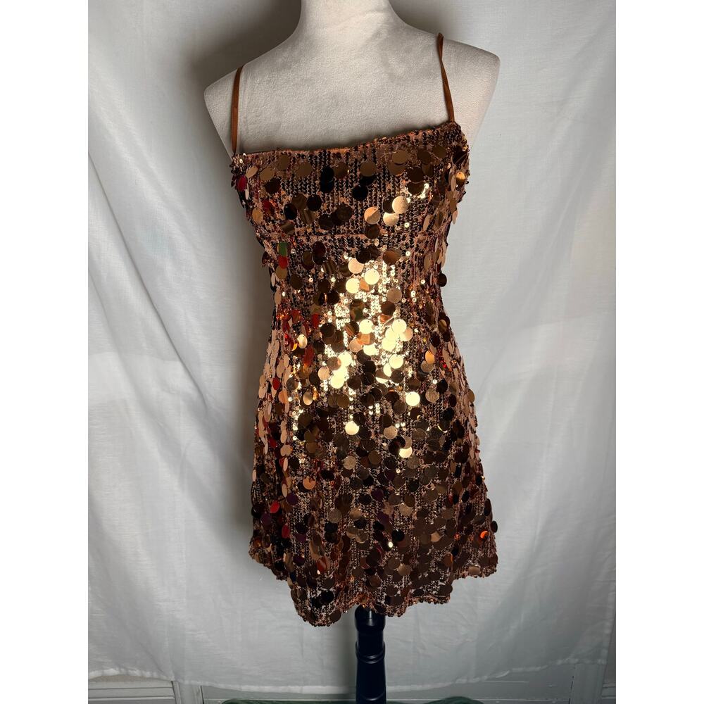 Selfie Leslie Bronze Sequin Mini Dress Lace Up Back Party Cocktail Size M NWT